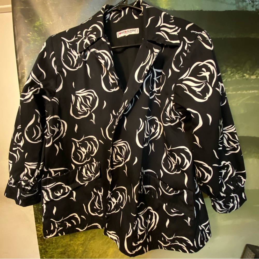 Saint Laurent Rive Gauche Vintage Monochrome Blazer Jacket Black White 38 Medium